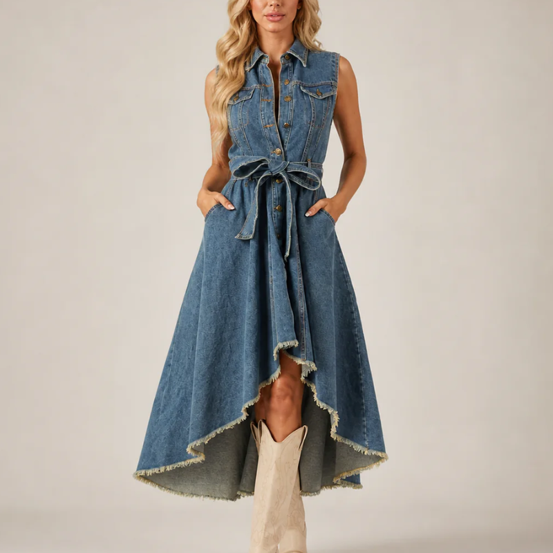 Women's blue denim dress front view — chic — Loretta Denim Dress — Oscar Blackwood