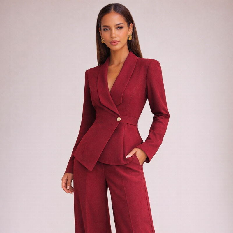 Women's burgundy knit pants front view — versatile — Brauere 2 Pieces Set — Oscar Blackwood