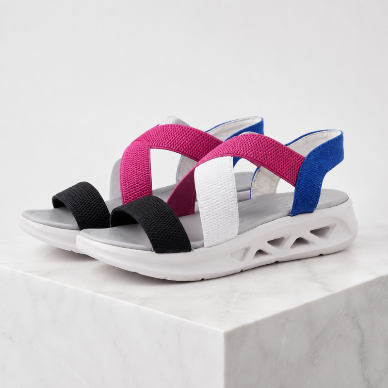 Women's multicolor geometric sandals close-up — versatile — Florence Orthopedic Sandals — Oscar Blackwood