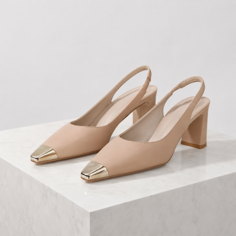 Women's beige heels side view — elegant — Maren Square Toe Heels — Oscar Blackwood