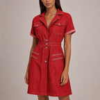 Women's red denim dress detail view — chic — Nina Denim Midi Dress — Oscar Blackwood