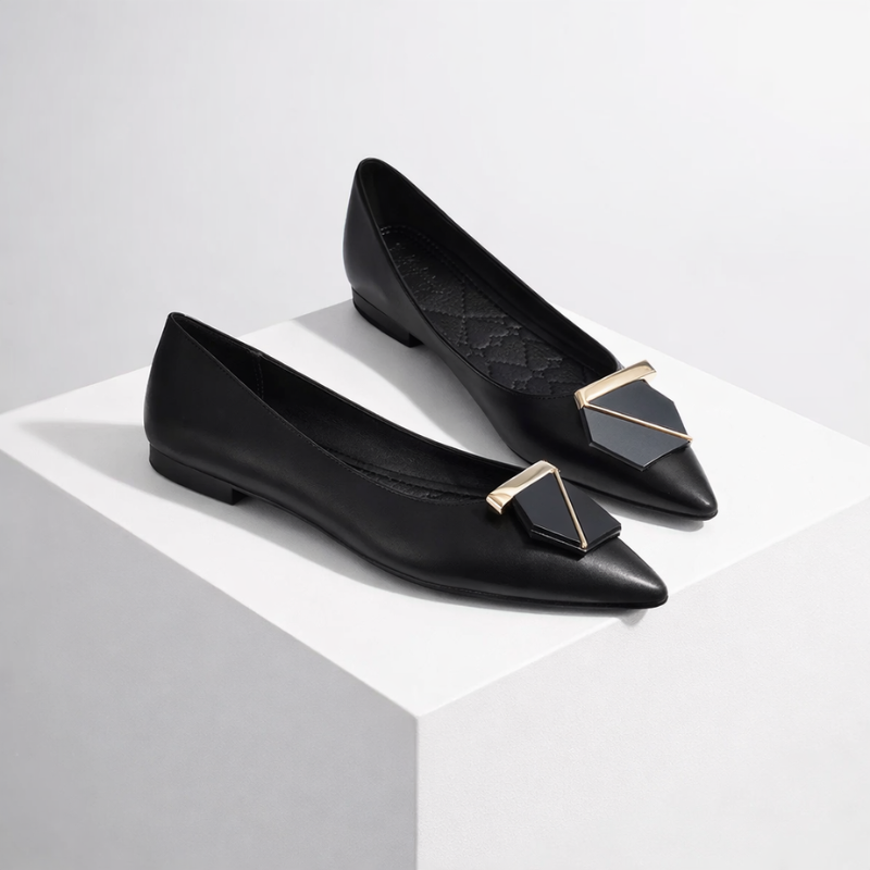 Women's black shoes front view — versatile — Cynthia Point Toe Flat Shoes — Oscar Blackwood