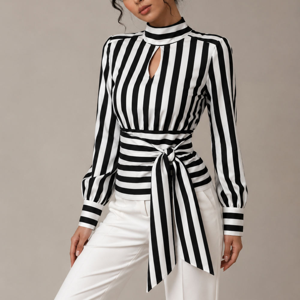 Women's black striped alessia alternate angle — versatile — Alessia Striped Shirt — Oscar Blackwood