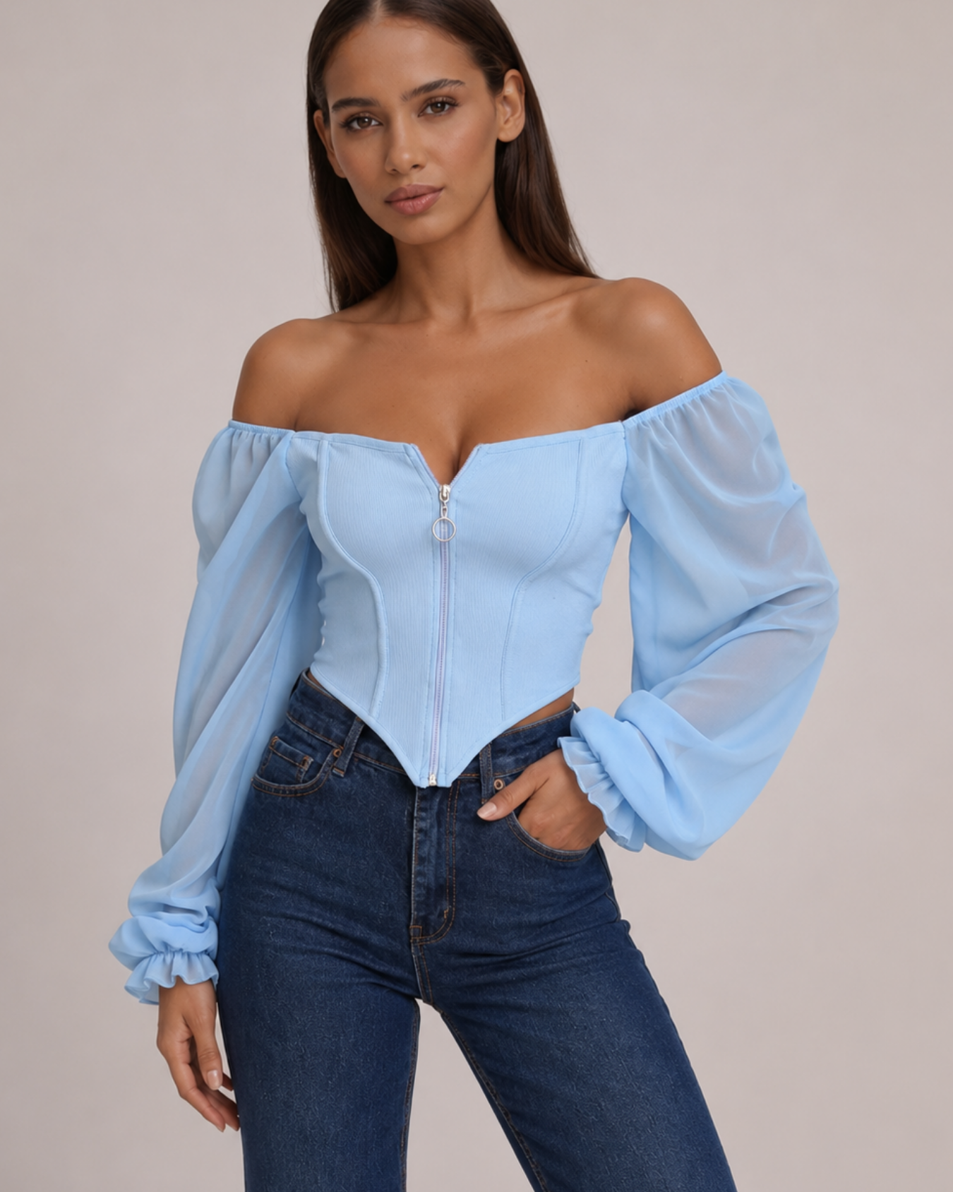 Women's light-blue chiffon juliette front view — versatile — Juliette Corset Blouse — Oscar Blackwood