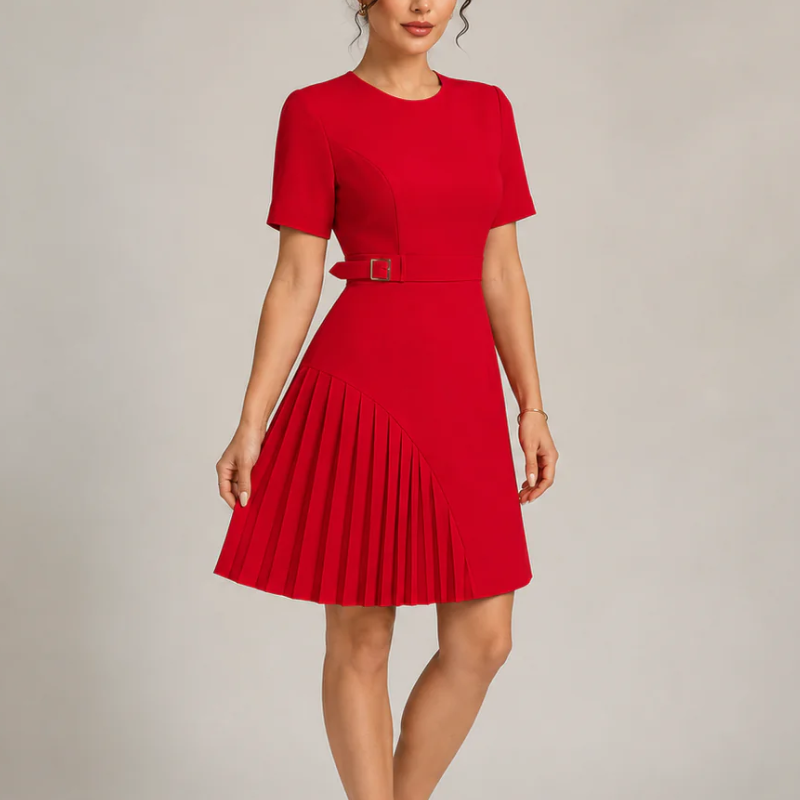 Women's red dress styled look — chic — Merelin Pleated Dress for every occasion — Oscar Blackwood