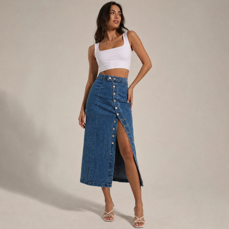 Women's denim skirt back view — chic — Dea Bella Denim Skirt for every occasion — Oscar Blackwood