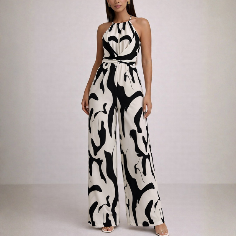 Women's black-white dress front view — chic — Lika Halterneck Jumpsuit — Oscar Blackwood