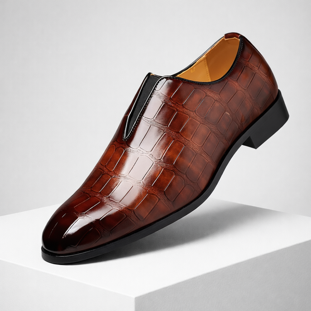Men's brown leather loafers front view — versatile — Anthony Classic Croc Loafers — Oscar Blackwood