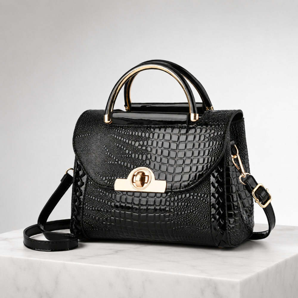 Women's black handbag front view — everyday — Valentina Croc Handbag — Oscar Blackwood