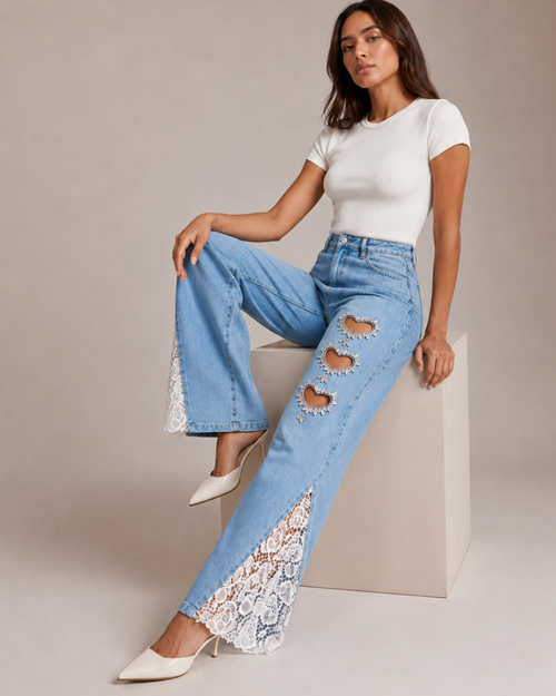 Women's white lace jeans front view — casual — Sabrina Rhinestone Heart Jeans — Oscar Blackwood