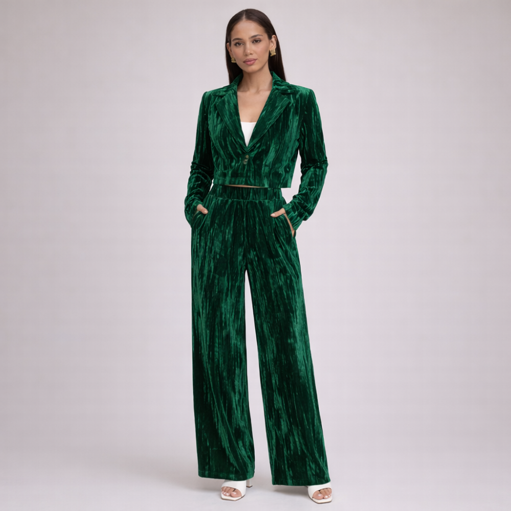 Women's green silk sets front view — versatile — Djuna Velvet 2 Piece Set — Oscar Blackwood