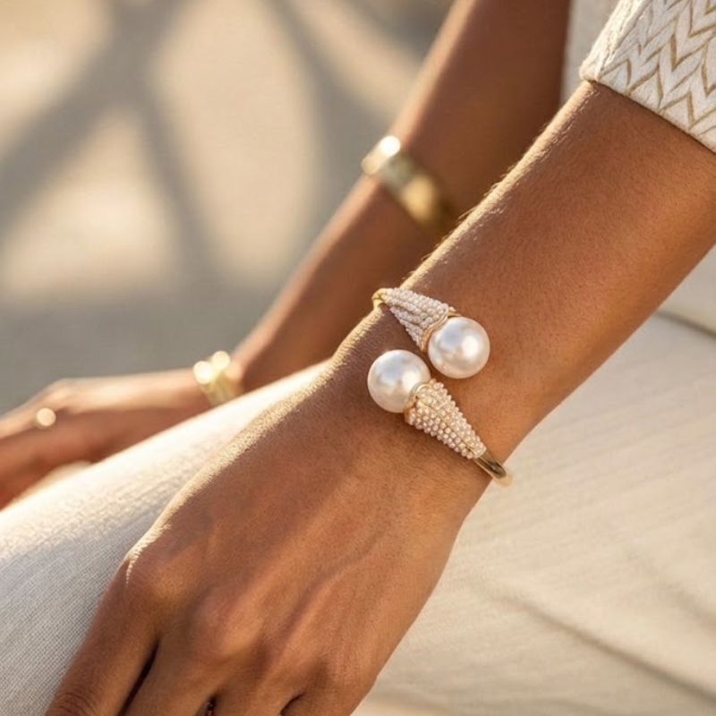Women's jewelry alternate angle — versatile — Aura Pearl Bangle — Oscar Blackwood