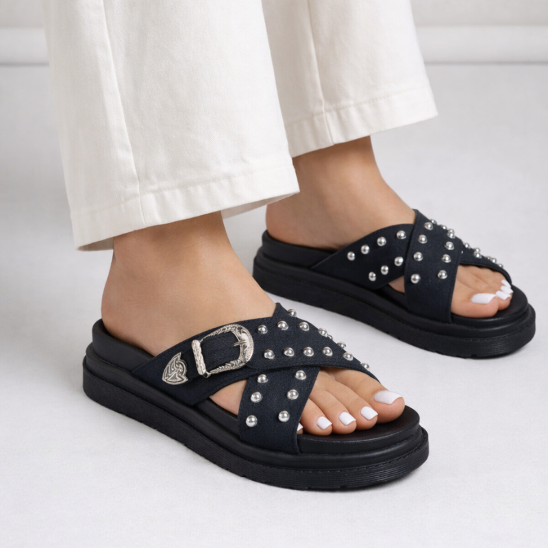 Women's black sandals front view — versatile — Cindy Buckle Sandals — Oscar Blackwood