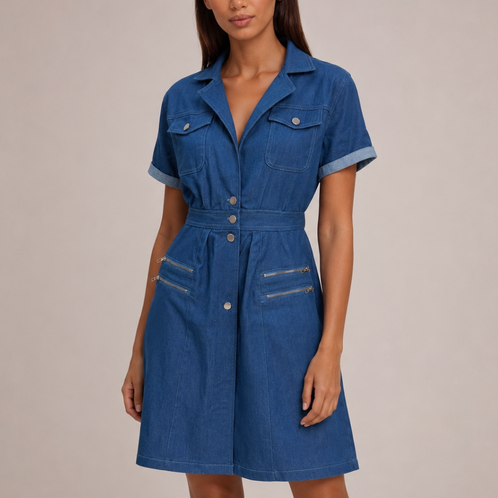 Women's blue denim dress front view — chic — Nina Denim Midi Dress — Oscar Blackwood