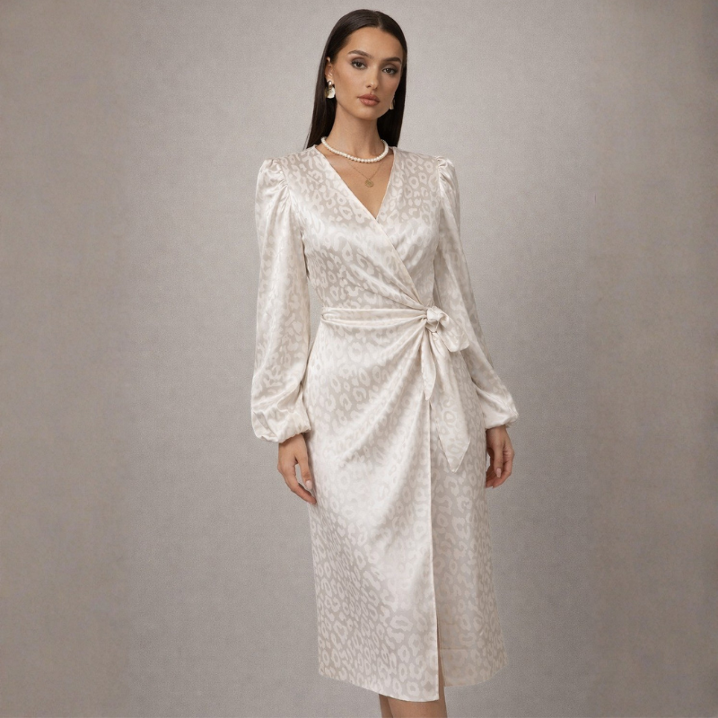 Women's white leopard dress side view — chic — Nica Leopard Wrap Dress — Oscar Blackwood