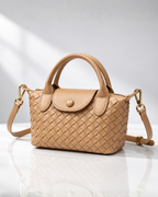 Women's camel woven handbag side view — everyday — Marguerite Woven Crossbody Handbag — Oscar Blackwood