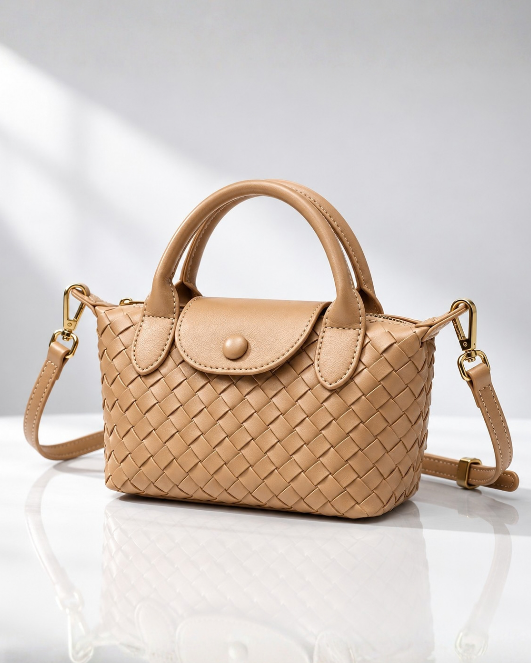 Women's camel woven handbag side view — everyday — Marguerite Woven Crossbody Handbag — Oscar Blackwood