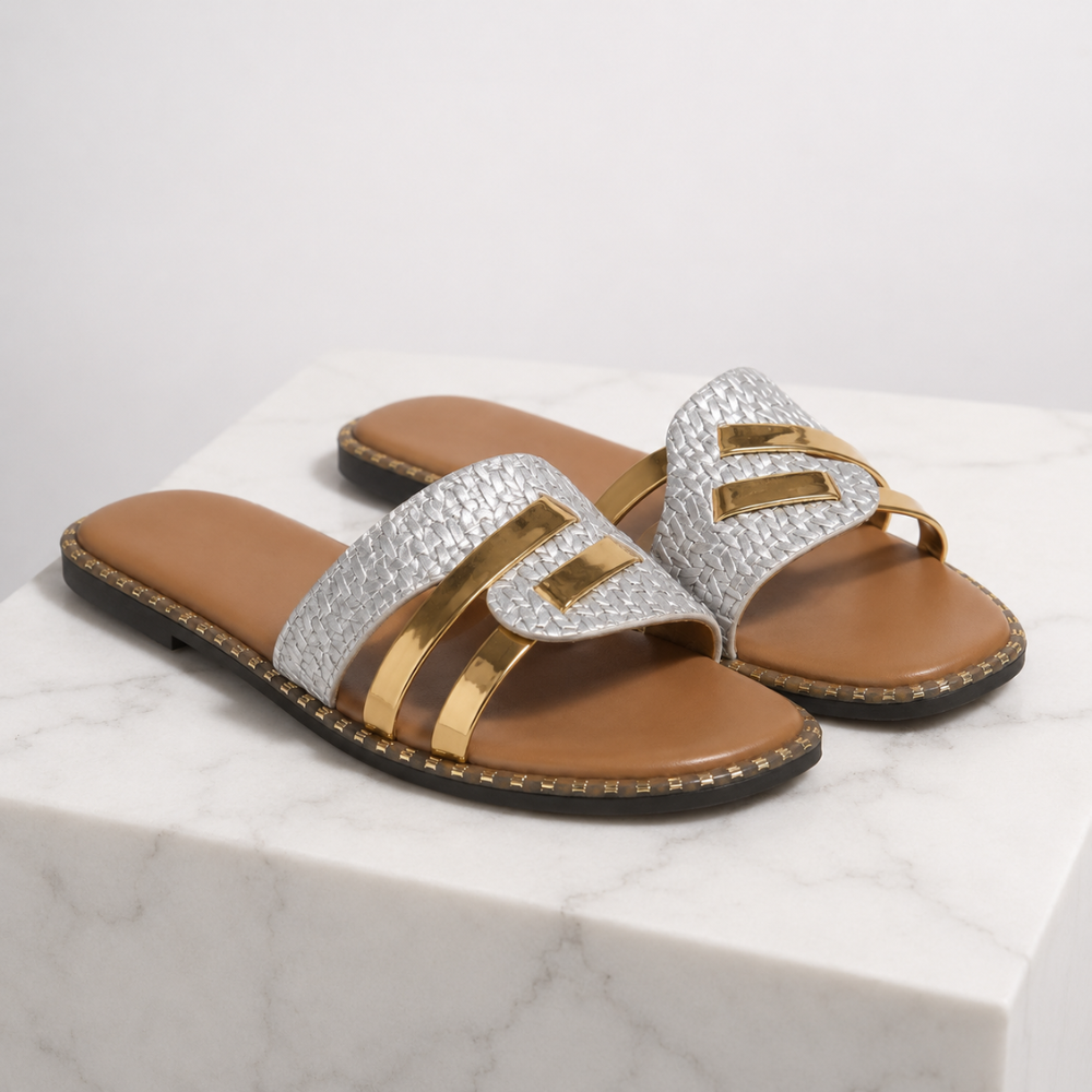 Women's silver woven sandals alternate angle — summer — Eleni Slide Sandals — Oscar Blackwood