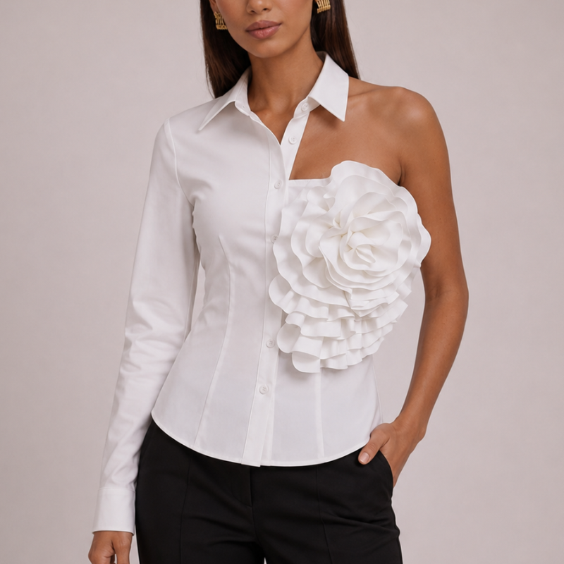 Women's white floral freesia close-up — versatile — Freesia One-Shoulder Shirt — Oscar Blackwood