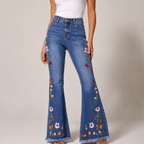 Women's red floral jeans front view — casual — Flora Embroidered Flare Jeans — Oscar Blackwood