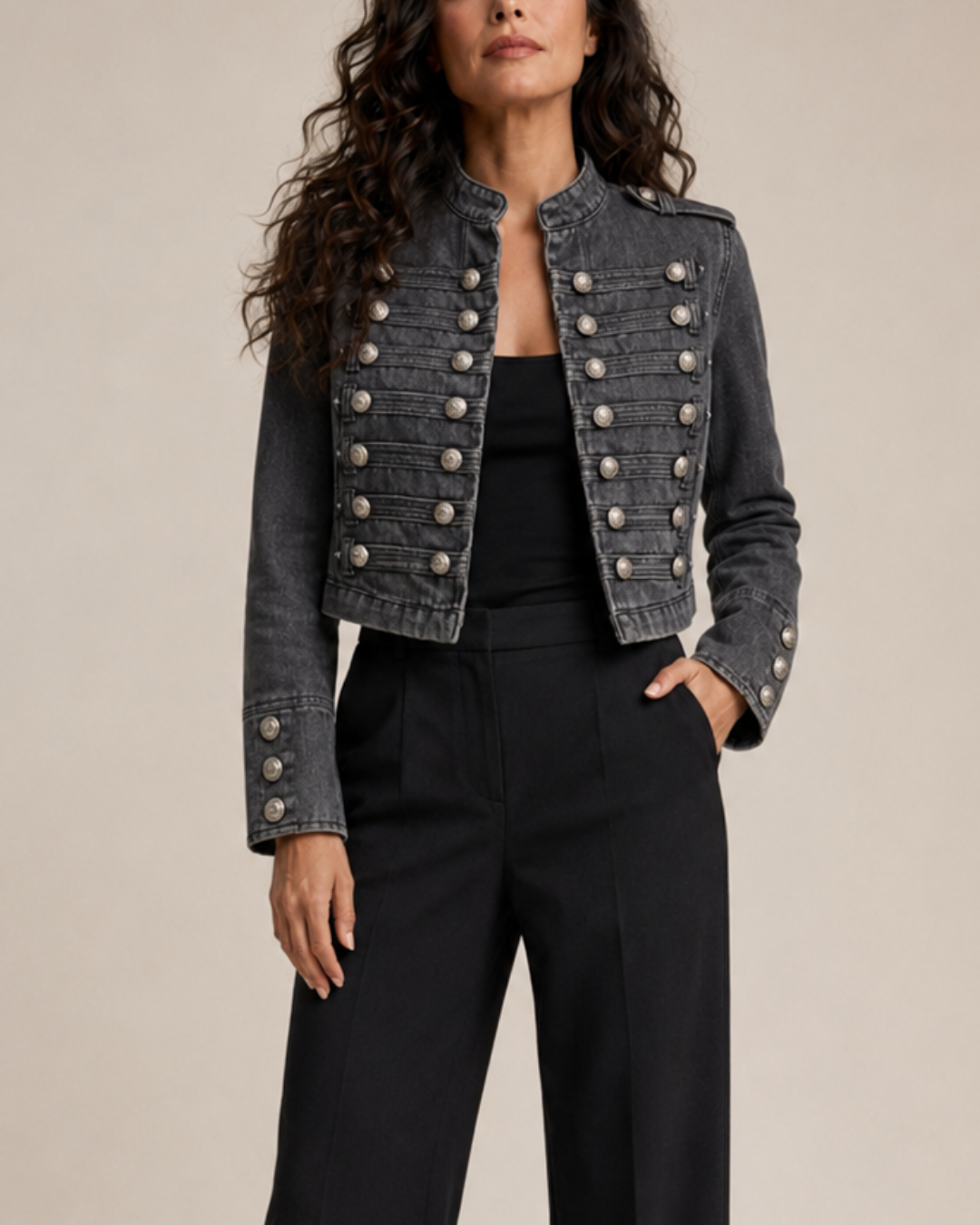Women's denim jacket back view — outerwear — Alexandra Military Jacket — Oscar Blackwood
