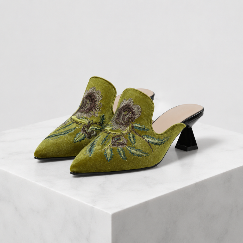Women's red floral heels close-up — elegant — Harriet Embroidered Pointed Mules — Oscar Blackwood