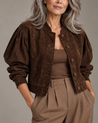 Women's suede jacket color detail — outerwear — Vivian Suede Bomber — Oscar Blackwood