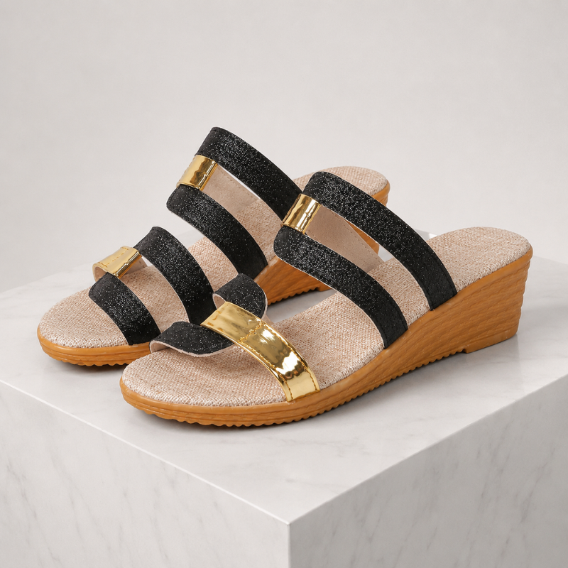 Women's black lace sandals back view — summer — Martina Wedge Sandals — Oscar Blackwood
