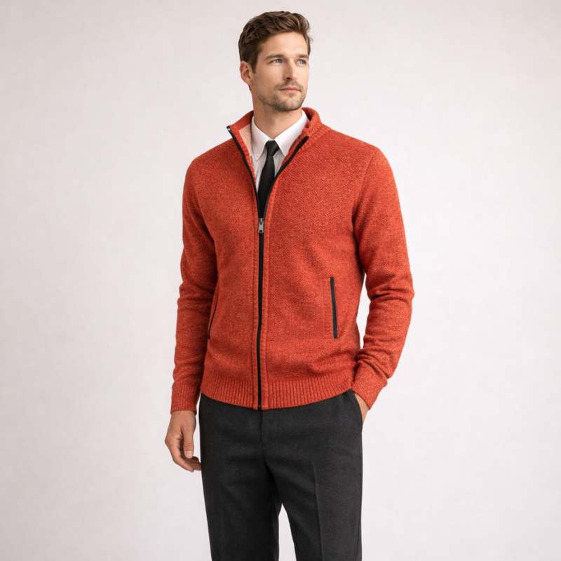Men's red knit cardigan side view — cozy — Steward Zipper Cardigan — Oscar Blackwood