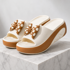 Women's beige checkered sandals side view — versatile — Vivi Bow Platform Sandals — Oscar Blackwood