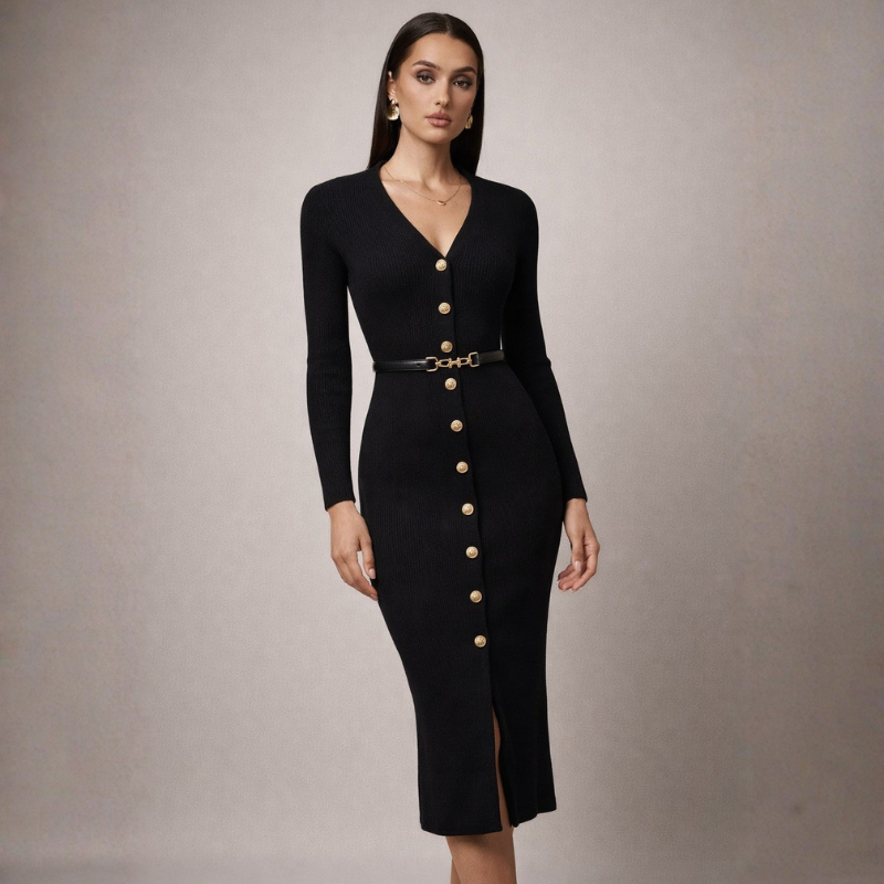 Women's black knit dress close-up — chic — Audrey Sweater Dress — Oscar Blackwood