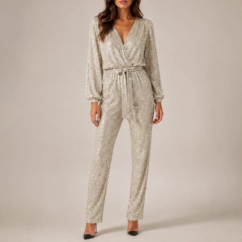 Women's champagne dress alternate angle — chic — Julie Sequin Jumpsuit — Oscar Blackwood