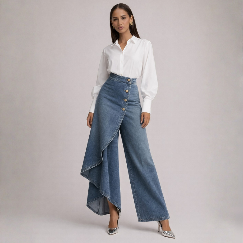 Women's light-blue lace skirt close-up — chic — Becca Denim Skirt Pants — Oscar Blackwood