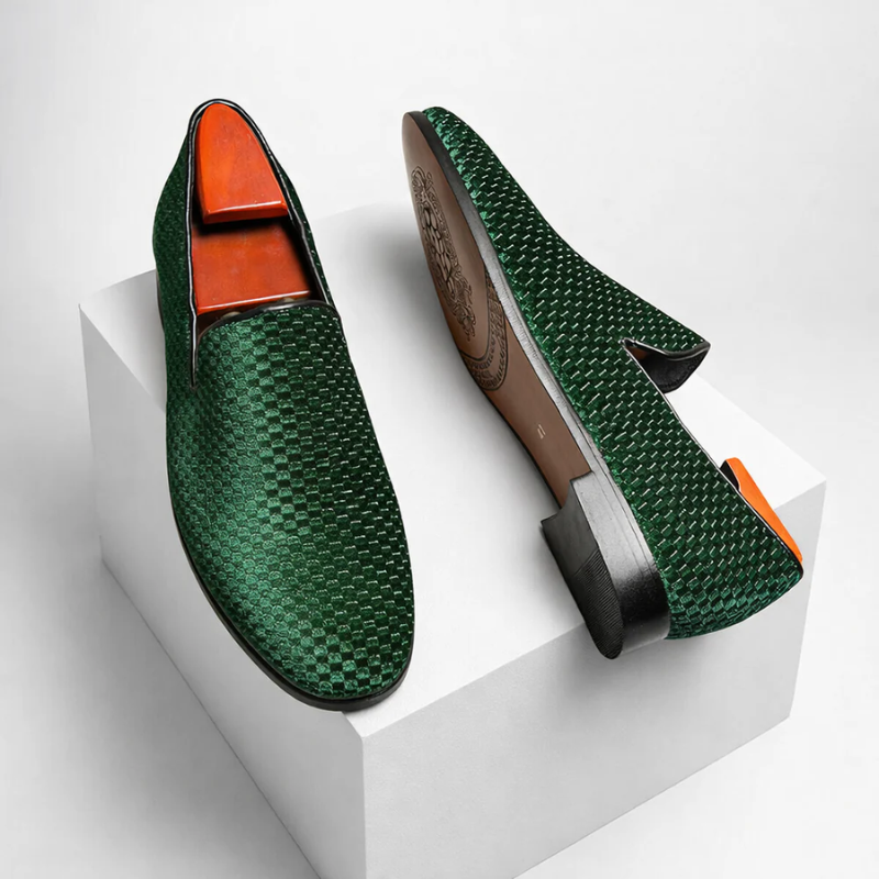 Men's green velvet loafers front view — versatile — Benedict Velvet Flat Shoes — Oscar Blackwood