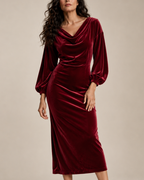 Women's red velvet dress front view — chic — Claudia Velvet Midi Dress — Oscar Blackwood
