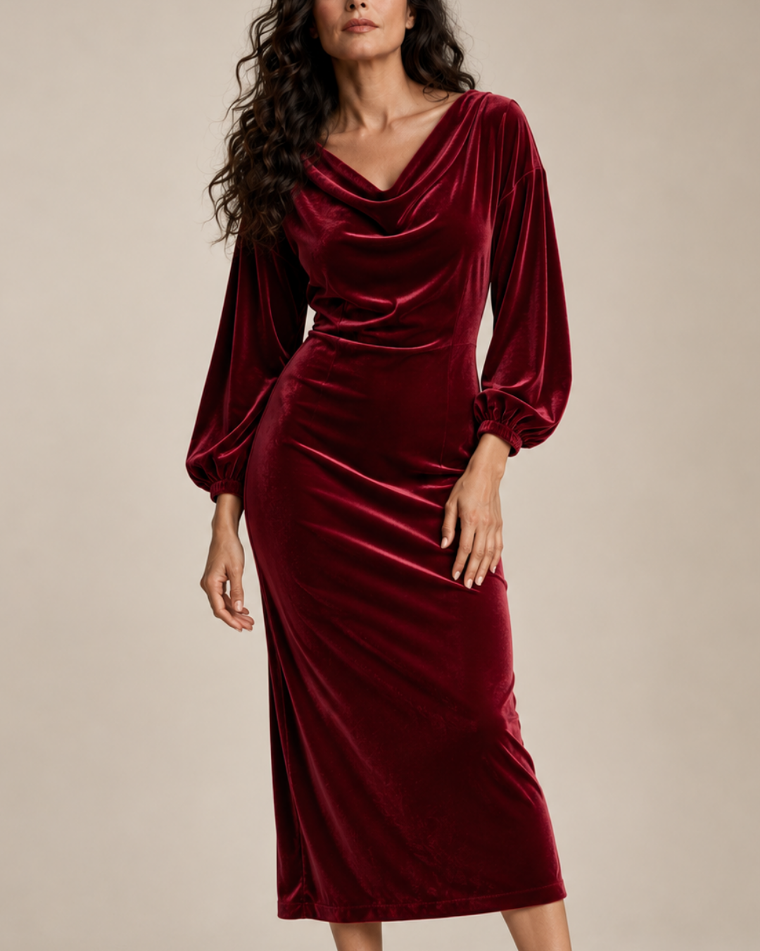Women's red velvet dress front view — chic — Claudia Velvet Midi Dress — Oscar Blackwood
