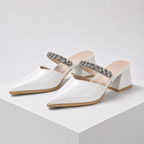 Women's off-white heels close-up — elegant — Cassandra Pointed Toe Chain Mules — Oscar Blackwood