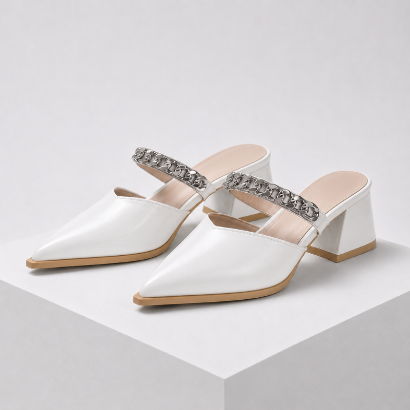 Women's off-white heels close-up — elegant — Cassandra Pointed Toe Chain Mules — Oscar Blackwood