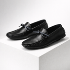Men's black leather shoes front view — versatile — Gregory Leather Golf Moccasins — Oscar Blackwood
