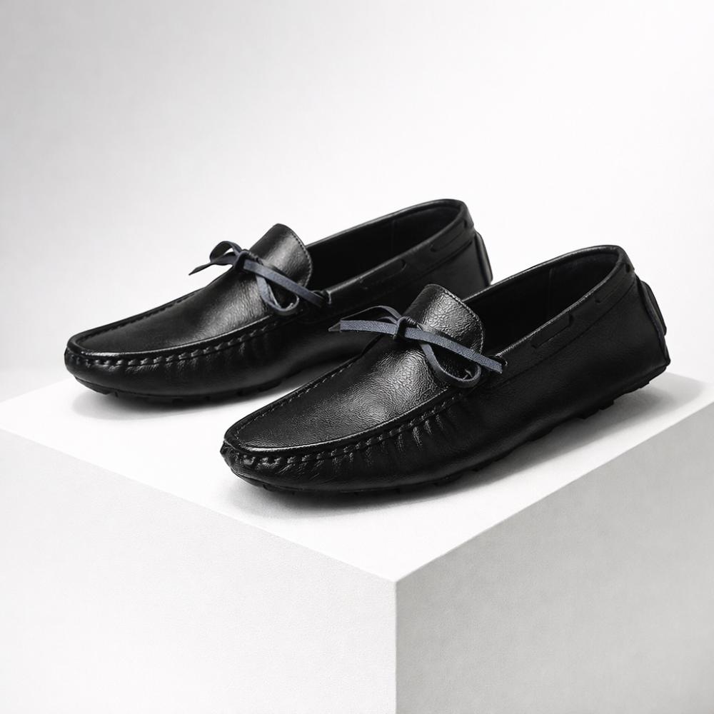 Men's black leather shoes front view — versatile — Gregory Leather Golf Moccasins — Oscar Blackwood