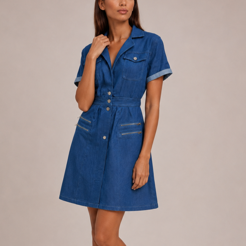 Women's denim dress back view — chic — Nina Denim Midi Dress for every occasion — Oscar Blackwood