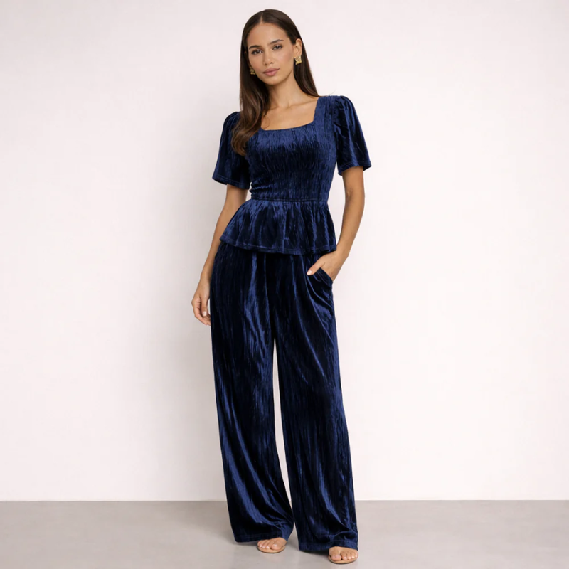 Women's blue velvet pants front view — versatile — Matilda Velvet 2 Piece Set — Oscar Blackwood