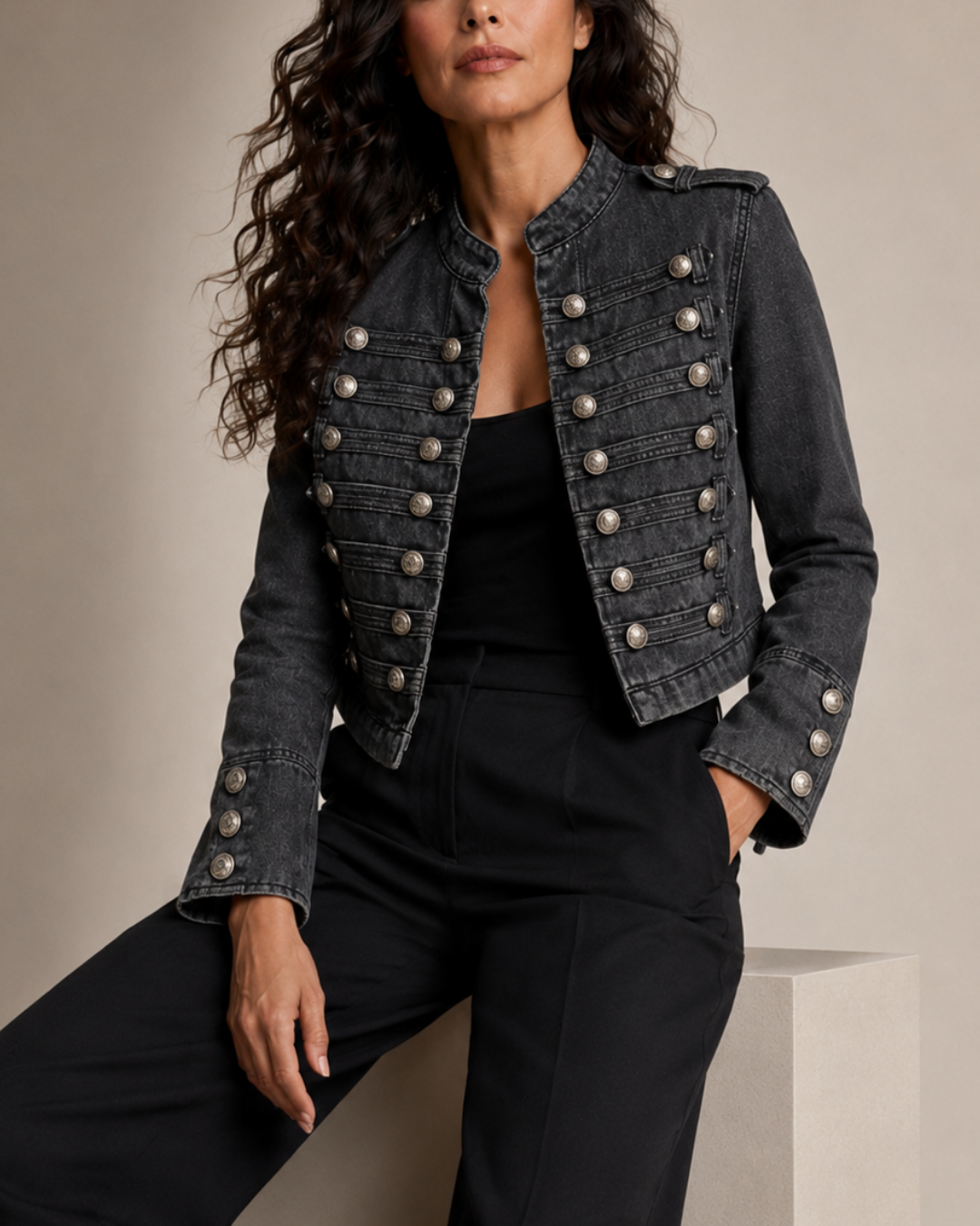 Women's denim jacket alternate angle — outerwear — Alexandra Military Jacket — Oscar Blackwood