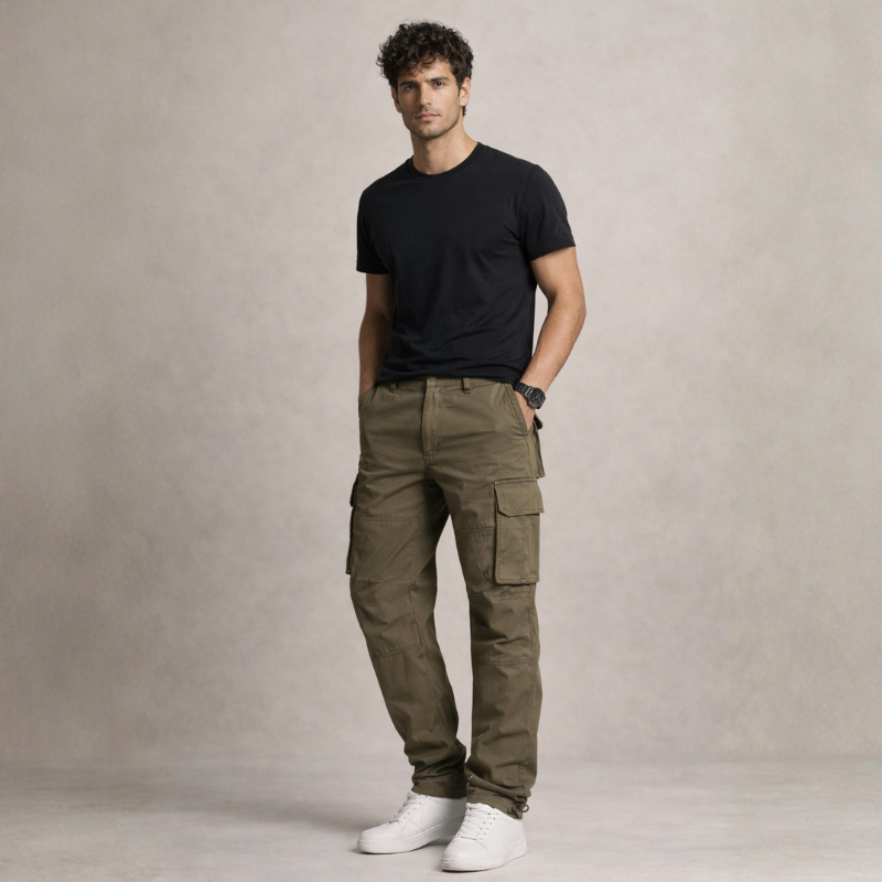 Men's army-green cotton pants front view — versatile — Stanley Cargo Pants — Oscar Blackwood