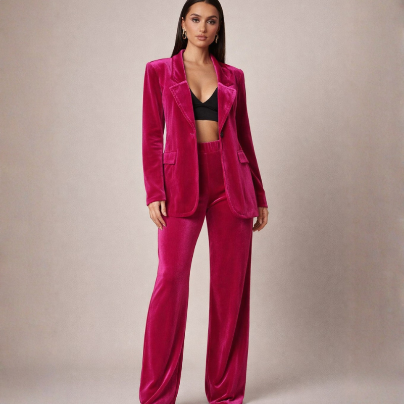 Women's pink velvet pants front view — versatile — Valerie Velvet 2 Piece Set — Oscar Blackwood