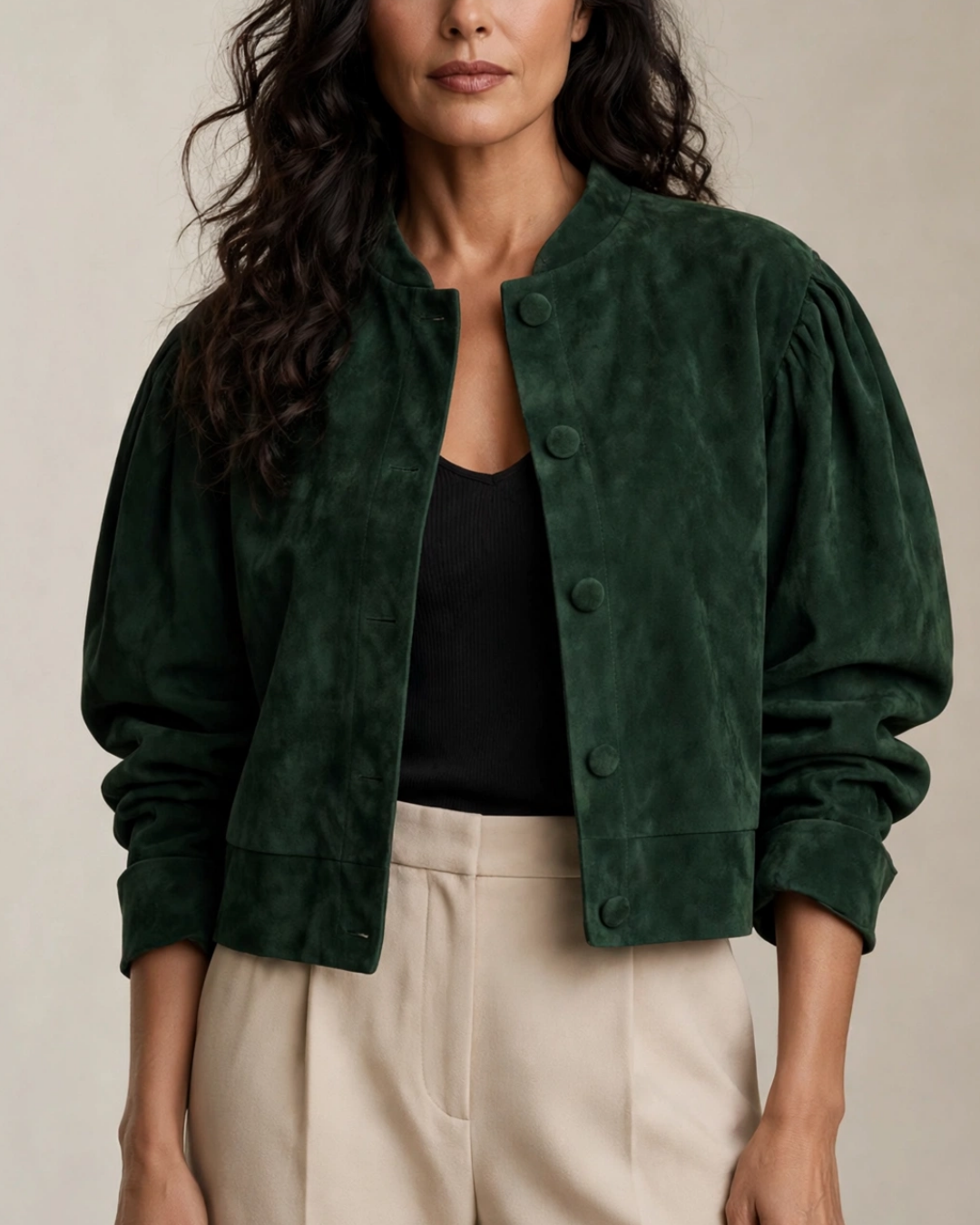 Women's green suede jacket side view — outerwear — Vivian Suede Bomber — Oscar Blackwood