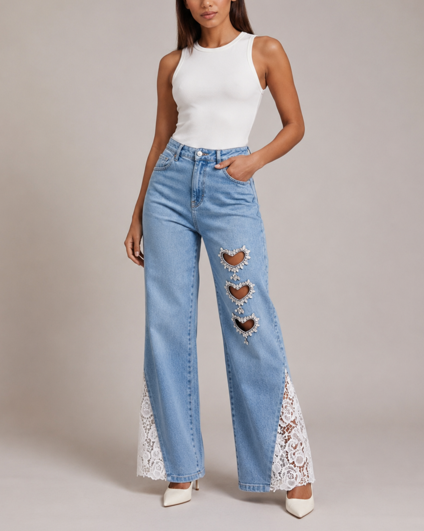 Women's lace jeans side view — casual — Sabrina Rhinestone Heart Jeans — Oscar Blackwood