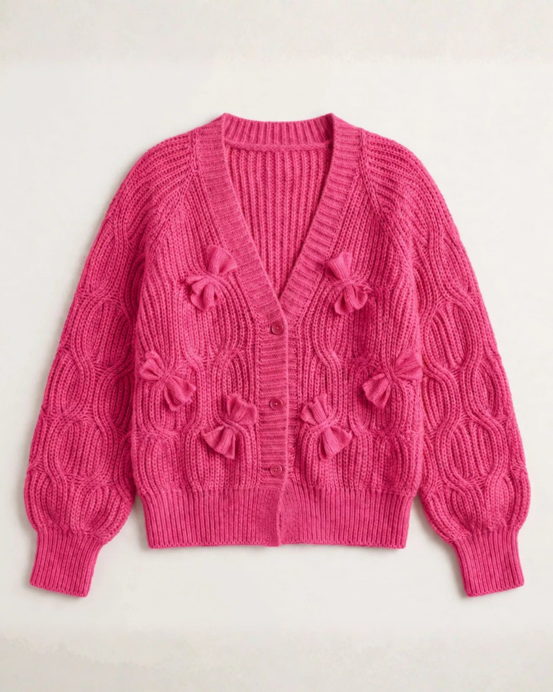 Women's ribbed cardigan detail view — cozy — Romina Bow Knit Cardigan — Oscar Blackwood
