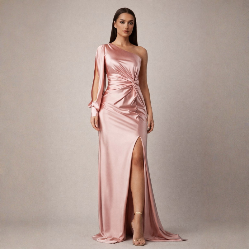Women's pink satin dress close-up — chic — Eleanor Slit Maxi Dress — Oscar Blackwood