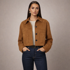 Women's camel suede jacket front view — outerwear — Marissa Suede Crop Jacket — Oscar Blackwood